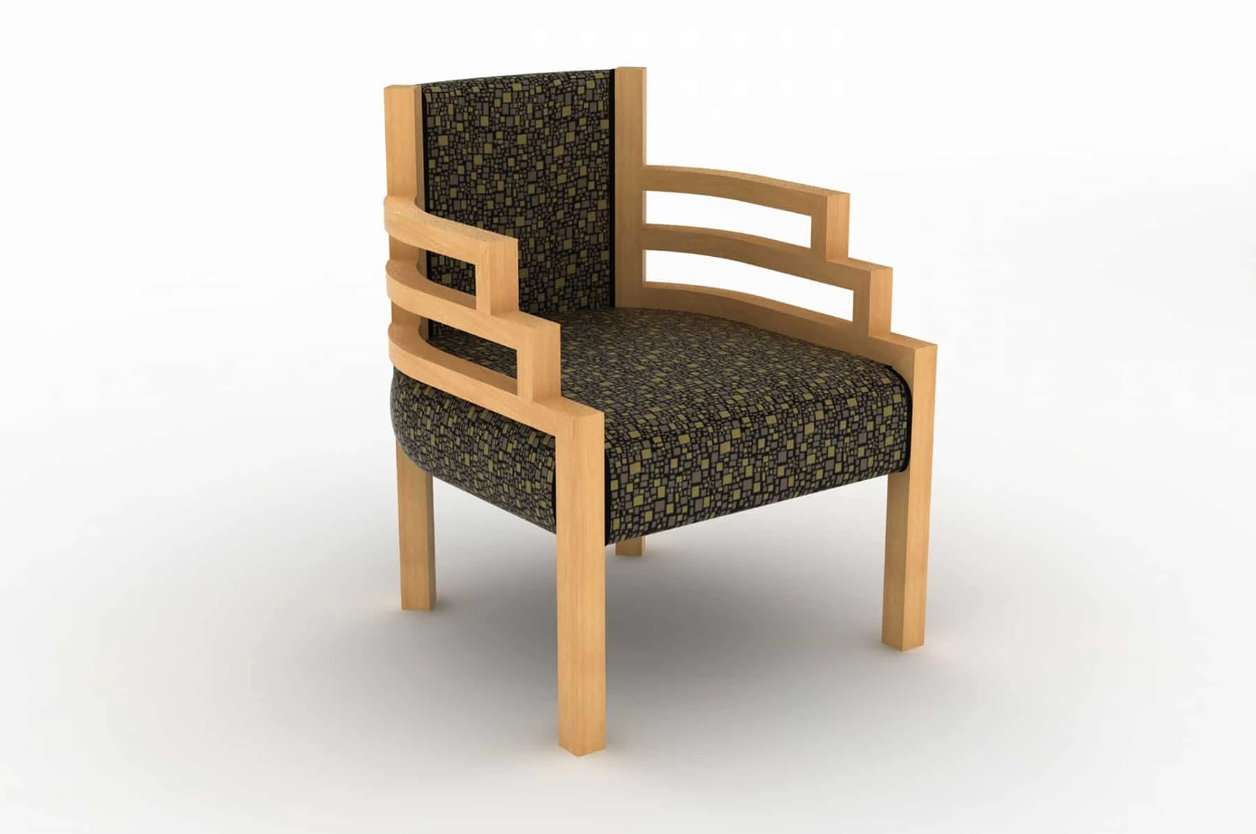 The Step Art Deco bench sofa - the step chair in quartered larch. fabric is mosa by kirk bromel - 3 the step chair in quartered larch. fabric is mosa by kirk bromel