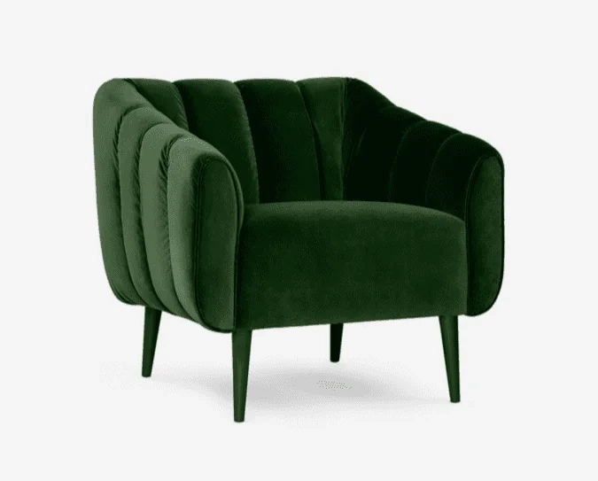 a green chair with wooden legs