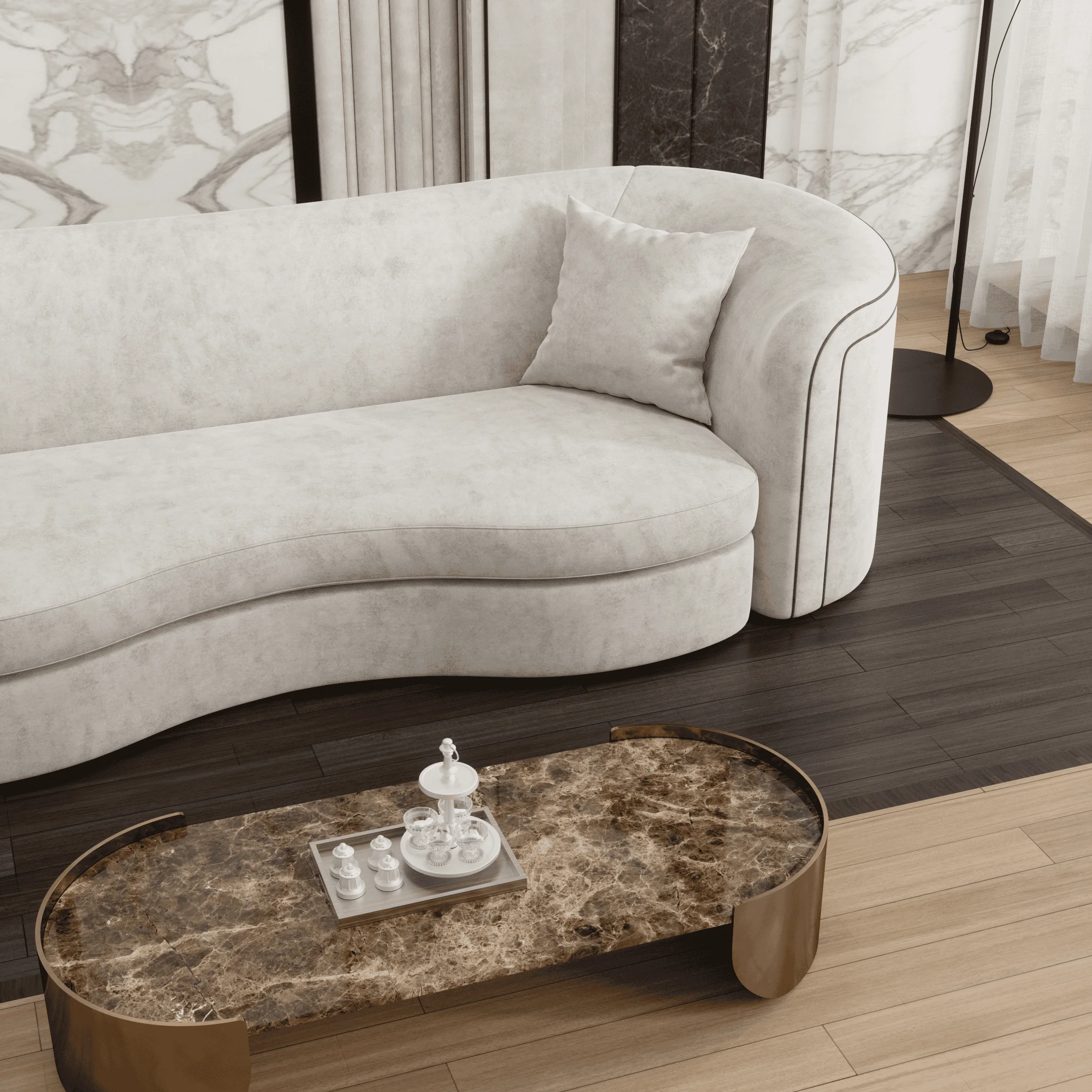 a white couch with a round coffee table
