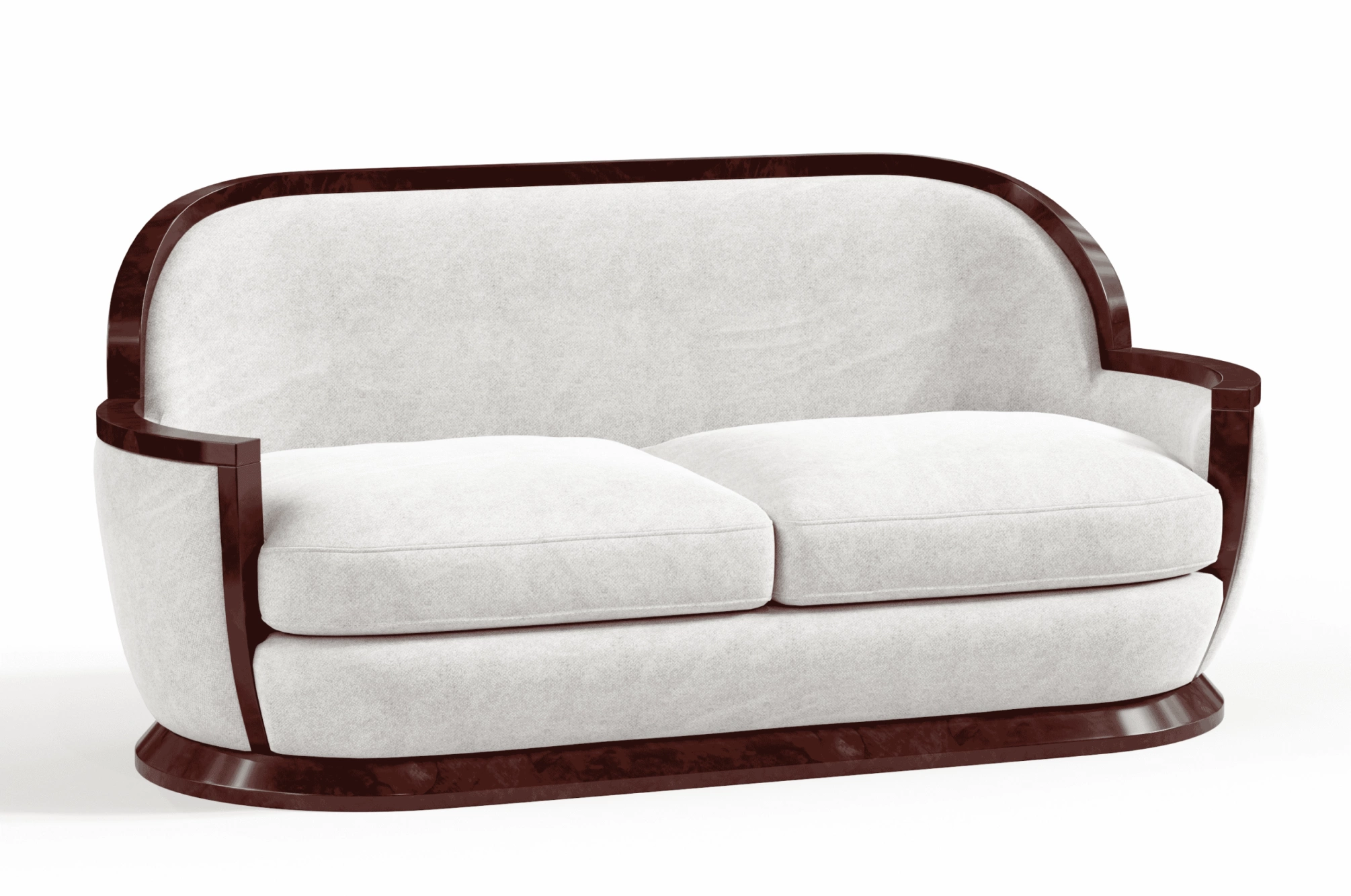 a white couch with brown armrests
